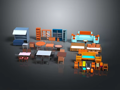 Assorted Colorful Furniture Collection With Tables Chairs Sofas Shelves And Cabinets 3d model