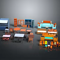 Assorted Colorful Furniture Collection With Tables Chairs Sofas Shelves And Cabinets