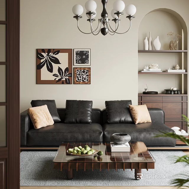 Cozy Stylish Living Room With Black Leather Sofa Glass Coffee Table And Elegant Wall Art 3d model 