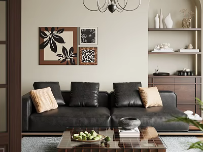 Cozy Stylish Living Room With Black Leather Sofa Glass Coffee Table And Elegant Wall Art 3d model