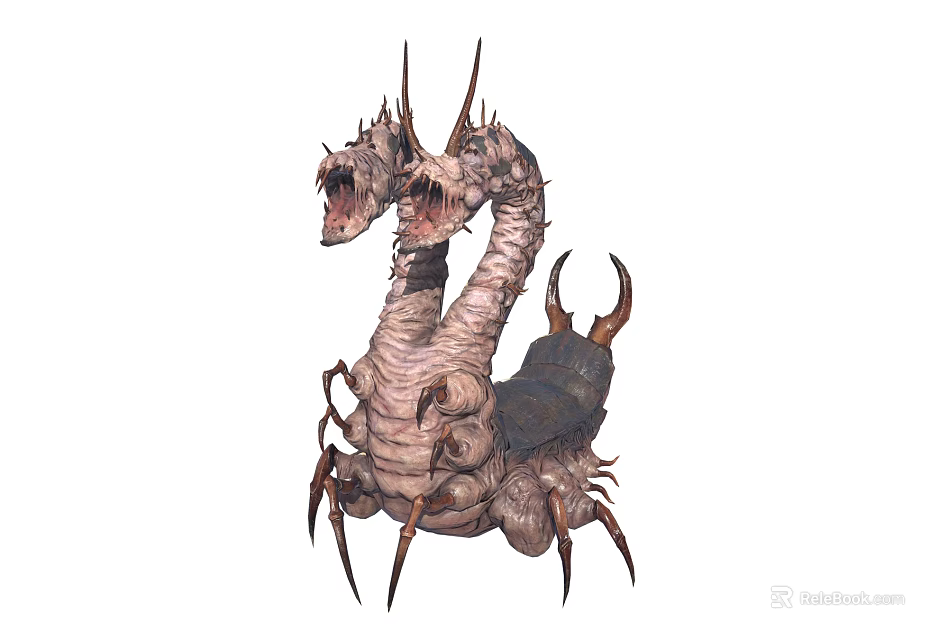 Warrior Confronting Two Headed Serpent Beast With Spiked Carapace And Clawed Limbs 3d model