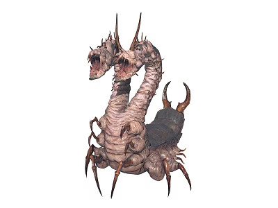 Warrior Confronting Two Headed Serpent Beast With Spiked Carapace And Clawed Limbs 3d model