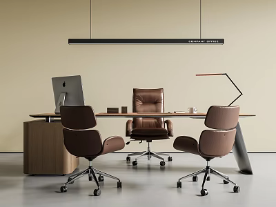 Modern Office Desk Setup With Wooden Surface Brown Leather Chairs Computer Monitor And Desk Lamp 3d model