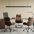 Modern Office Desk Setup With Wooden Surface Brown Leather Chairs Computer Monitor And Desk Lamp