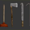 Traditional Hardware Tools With Wooden Handles And Metal Heads Including Axe Chisel Plunger Hook