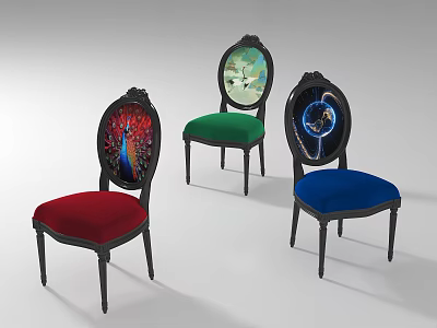 Three Elegant Accent Chairs With Oval Patterned Backs Different Colored Seats And Black Legs 3d model