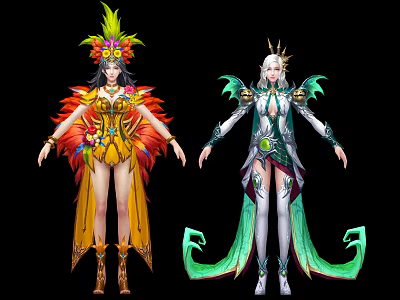 Fantasy Game Movie Characters With Vibrant Feather Floral Costumes And Winged Crown Designs 3d model