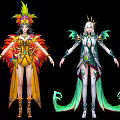 Fantasy Game Movie Characters With Vibrant Feather Floral Costumes And Winged Crown Designs