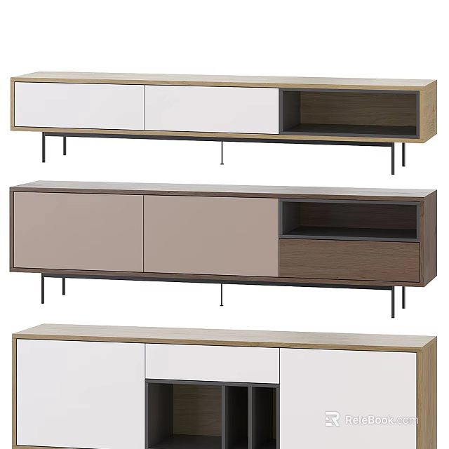 Modern TV Stands With White Brown Panels Metal Legs And Storage Compartments 3d model 