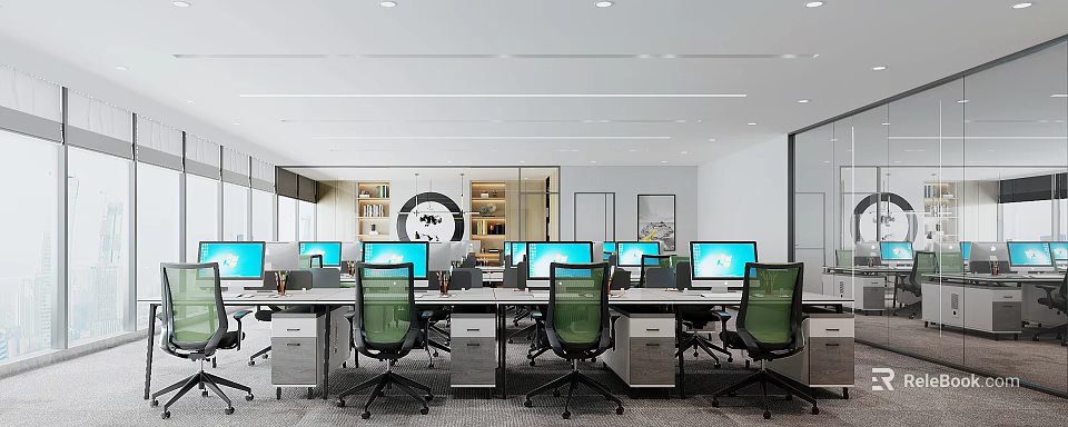 Spacious Public Office Area With Multiple Desks Computers Green Chairs And Bright Windows 3d model