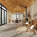 Minimalist Recreation Room With Rattan Ceiling And Wooden Furniture