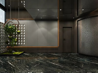 Modern Hotel Lobby Interior Design With Marble Floor Green Plant And Wall Decor 3d model