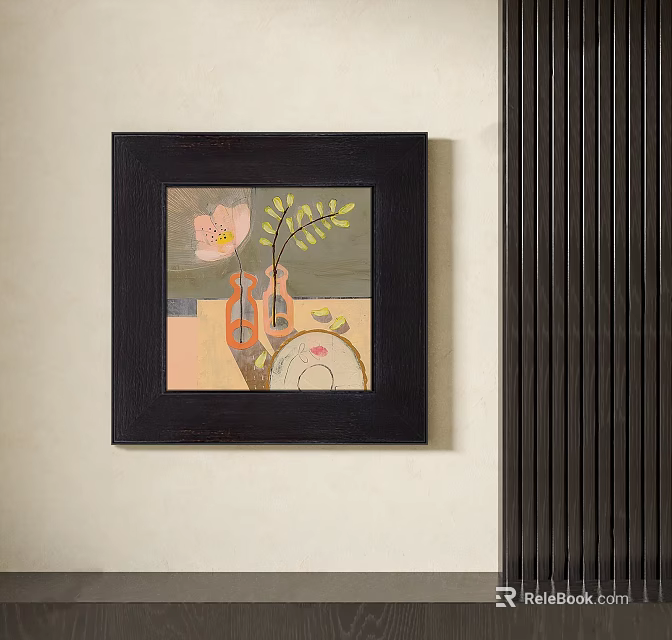 Botanical Painting With Black Frame Featuring Floral And Leaf Elements For Interior Wall Decor 3d model