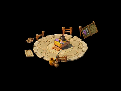 Cartoon Scene with Circular Stone Table Teapot Scroll and Wooden Bucket 3d model