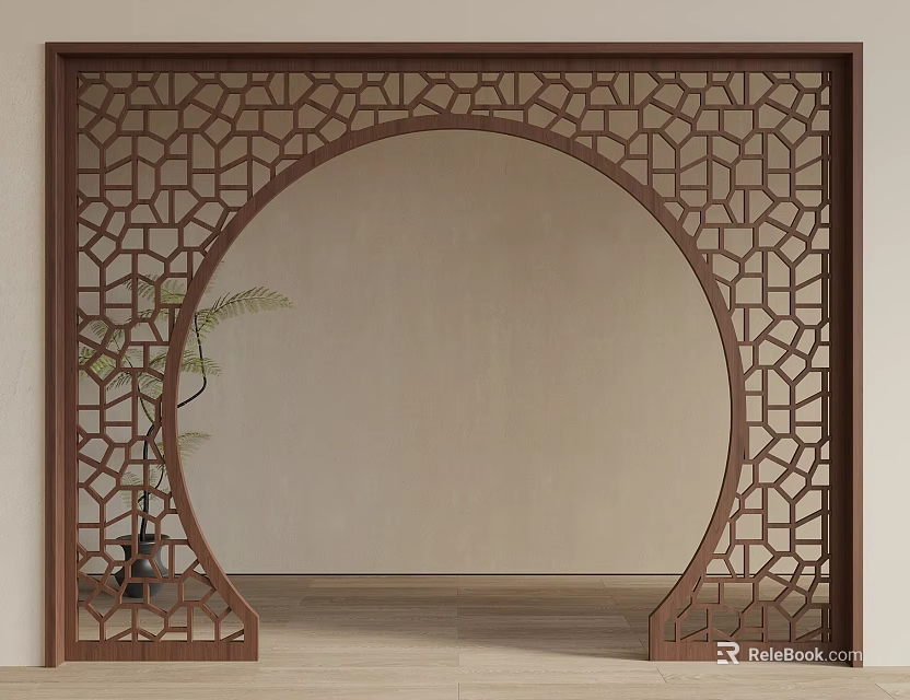 Traditional Wooden Lattice Screen With Circular Design And Potted Plant Near Light Colored Wall 3d model 