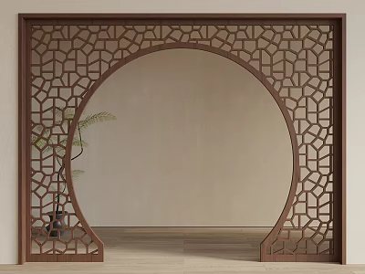 Traditional Wooden Lattice Screen With Circular Design And Potted Plant Near Light Colored Wall 3d model