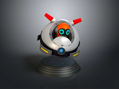 Spherical Robot Character Housing Orange Creature With Blue Glowing Eyes Red Antennae And Gray Base 3d model