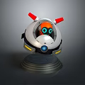 Spherical Robot Character Housing Orange Creature With Blue Glowing Eyes Red Antennae And Gray Base