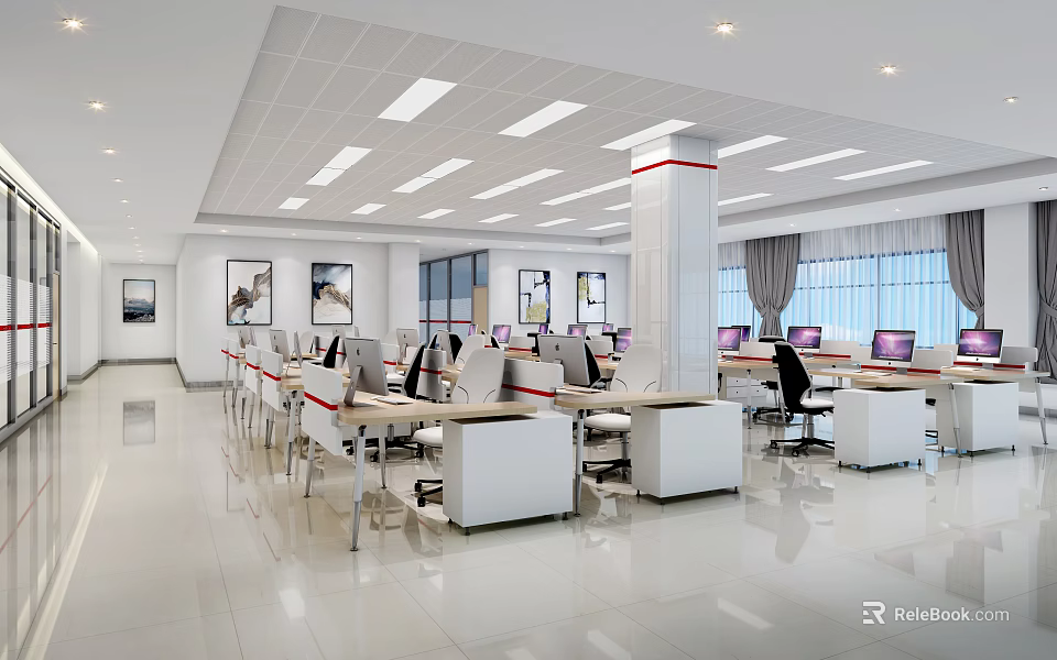 Public Office Area Featuring Open Layout Office Desks Computers Office Chairs And Large Windows 3d model