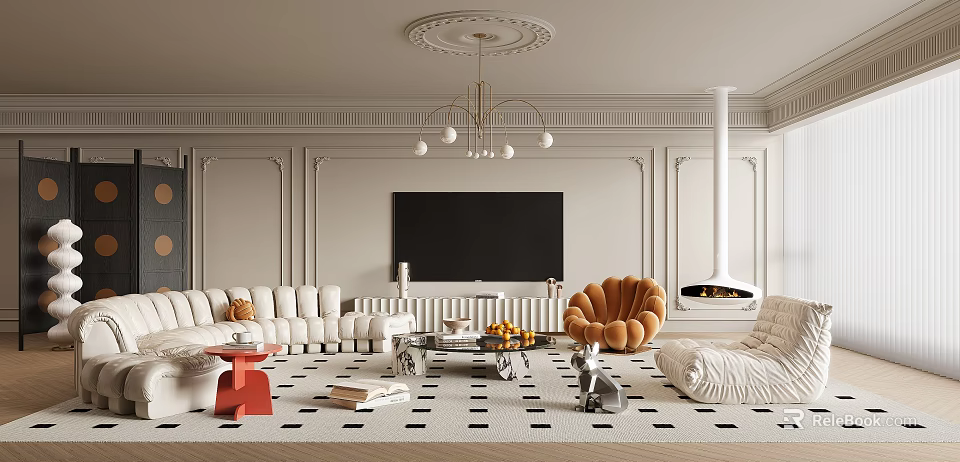 Elegant Living Room Interior With White Sofa Orange Armchair Chandelier Fireplace And Geometric Rug 3d model 