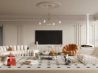 Elegant Living Room Interior With White Sofa Orange Armchair Chandelier Fireplace And Geometric Rug 3d model