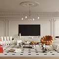 Elegant Living Room Interior With White Sofa Orange Armchair Chandelier Fireplace And Geometric Rug