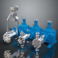 Blue Industrial Equipment Set With Pumps Valves Mixers And Metal Control Units