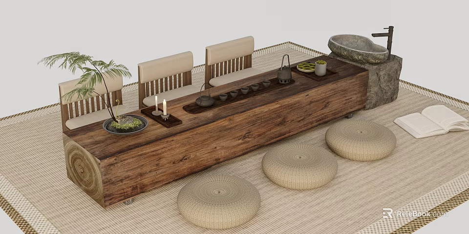 Rustic Wooden Tea Table and Chairs with Woven Cushions Tea Set and Potted Plant 3d model 
