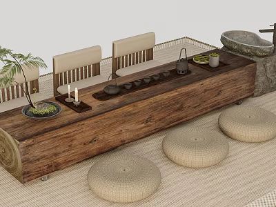 Rustic Wooden Tea Table and Chairs with Woven Cushions Tea Set and Potted Plant 3d model