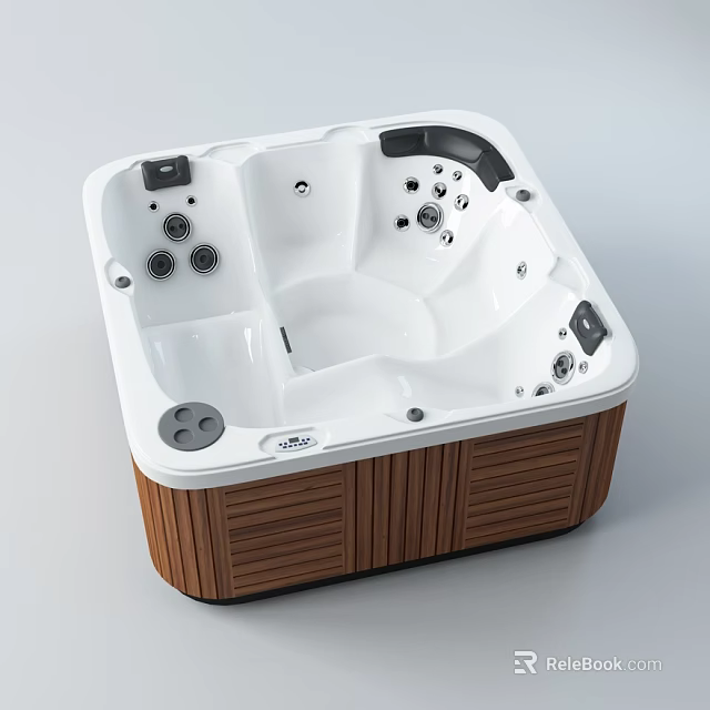 Modern White Whirlpool Bathtub With Wooden Panel Base And Massage Jets 3d model 
