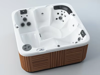 Modern White Whirlpool Bathtub With Wooden Panel Base And Massage Jets 3d model