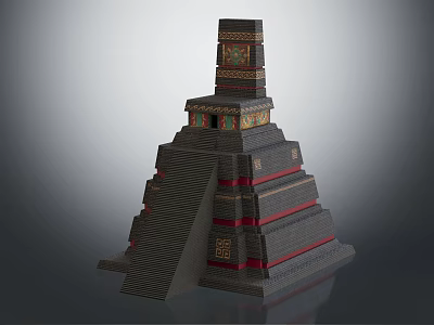 Ancient Architecture Intricate Pyramid Structure With Multiple Tiered Steps Red Decorative Bands And Top Tower 3d model
