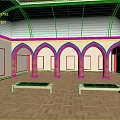 Spacious Interior Hall With Arched Brick Columns Wooden Floor And Yellow Bordered Walls With Benches