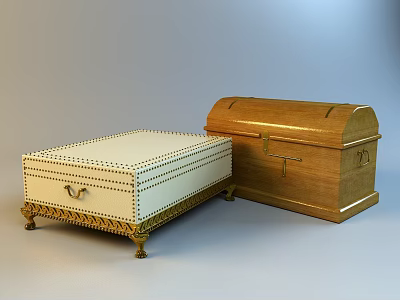 White Decorative Storage Box With Gold Accents And Wooden Chest With Cross Design 3d model