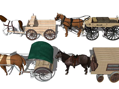 Vintage Horse-Drawn Carriages in Various Styles with Wooden Frames and Horses 3d model