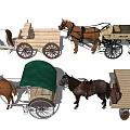 Vintage Horse-Drawn Carriages in Various Styles with Wooden Frames and Horses