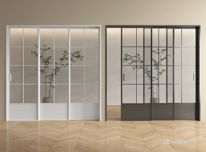 Modern Sliding Doors With White Black Glass Panel Design In Interior Space 3d model