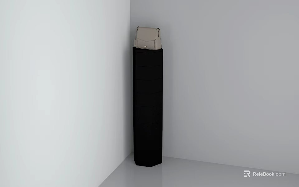 Black Tall Modern Corner Shoe Cabinet With Multiple Shelves And Light Colored Bag On Top 3d model 