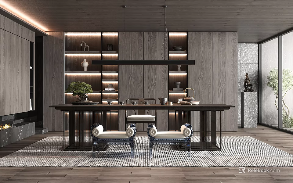 Modern Tea Room Interior Design With Wooden Table Tea Sets And Elegant Seats 3d model 