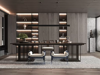Modern Tea Room Interior Design With Wooden Table Tea Sets And Elegant Seats 3d model