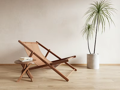 Wooden Lounge Chair Featuring Side Table Books Palm Plant In White Planter On Wooden Floor 3d model