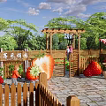 Scenic Park Landscape with Wooden Arbor Vines Giant Strawberry Models Fruit Stall and Green Trees