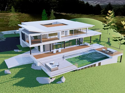 Modern Detached Villa With Large Windows Terrace Swimming Pool Surrounded By Green Lawn And Trees 3d model