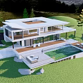 Modern Detached Villa With Large Windows Terrace Swimming Pool Surrounded By Green Lawn And Trees