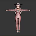3D Female Character Creature In Red Suit With Hat And Arms Outstretched On Dark Background