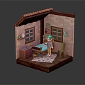 Miniature Indoor Bedroom Scene With Little Boy Doll Bed Window And Brick Wall
