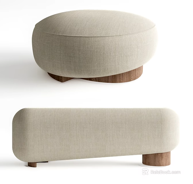 Modern Beige Fabric Ottoman With Wooden Legs Simple Home Design 3d model 