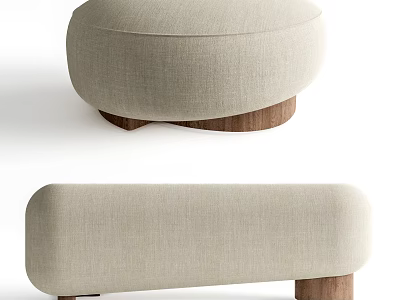 Modern Beige Fabric Ottoman With Wooden Legs Simple Home Design 3d model