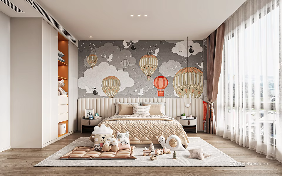 Kids Bedroom With Hot Air Balloon Cloud Wall Decor Plush Toys And Carpet 3d model 