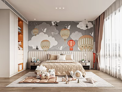 Kids Bedroom With Hot Air Balloon Cloud Wall Decor Plush Toys And Carpet 3d model